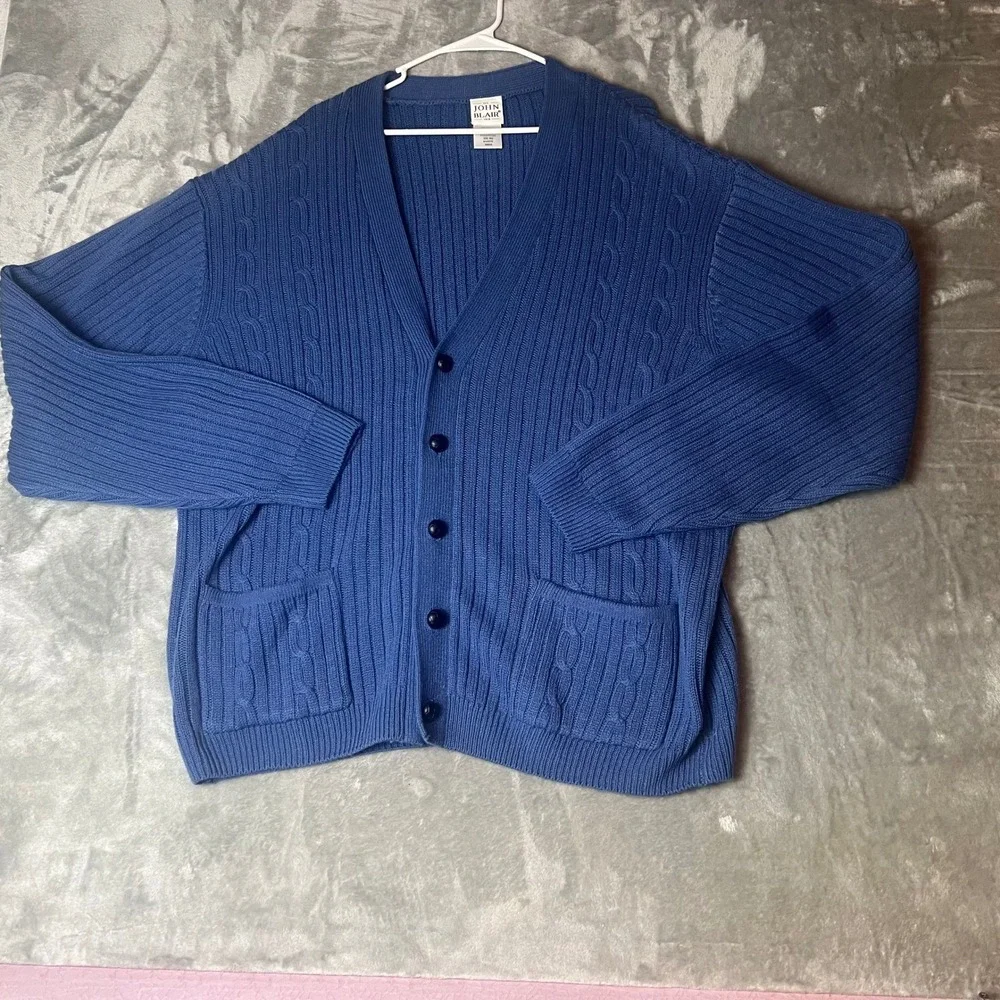 John‎ Blair 2XL RG Blue Acrylic Cable Knit V-Neck Button Front Cardigan Sweater